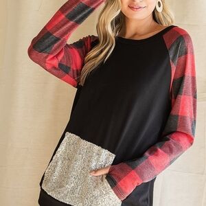 BiBi Black Top with Red Plaid Sleeves and Silver Sequin Pocket